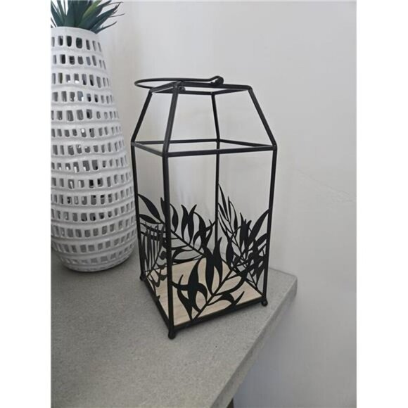 Black Metal Candle Lantern Indoor Outdoor Leaf Design Decorative Centerpiece - Picture 5 of 6